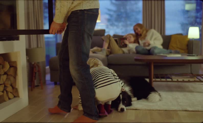 This is a heartwarming scene of a family spending quality time together in their sitting room the daughter can be seen engrossed in a book while the son plays with their dog on the floor and the father make a fireplace