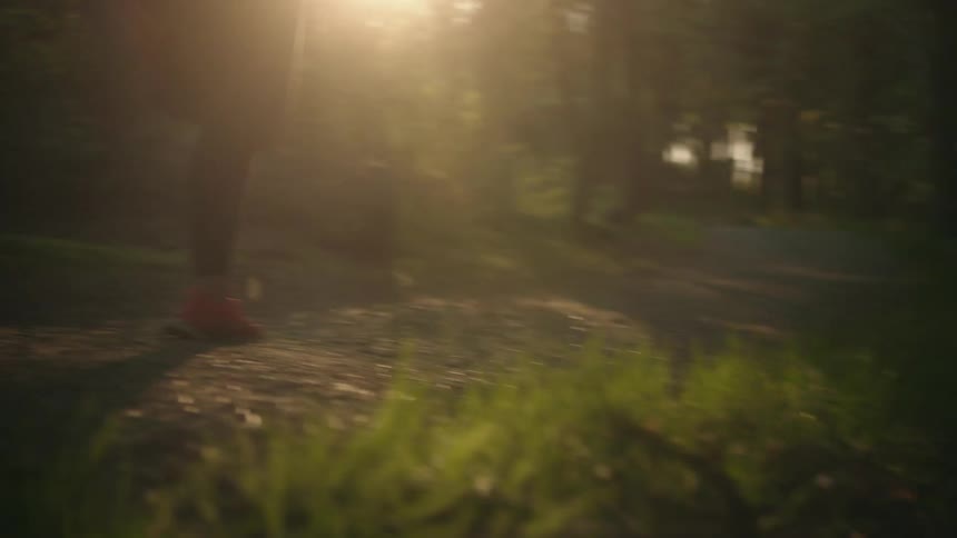 A woman is jogging through the forest