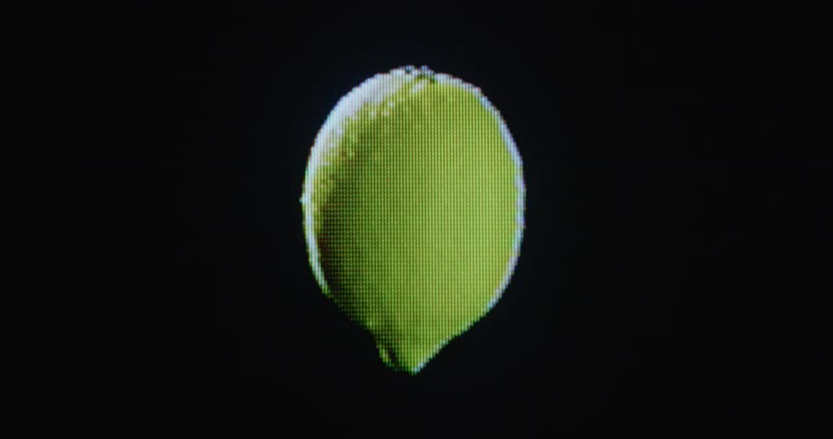 Digital CGI macro shot of lemon rotating in darkness on pixelated RGB television with transformation