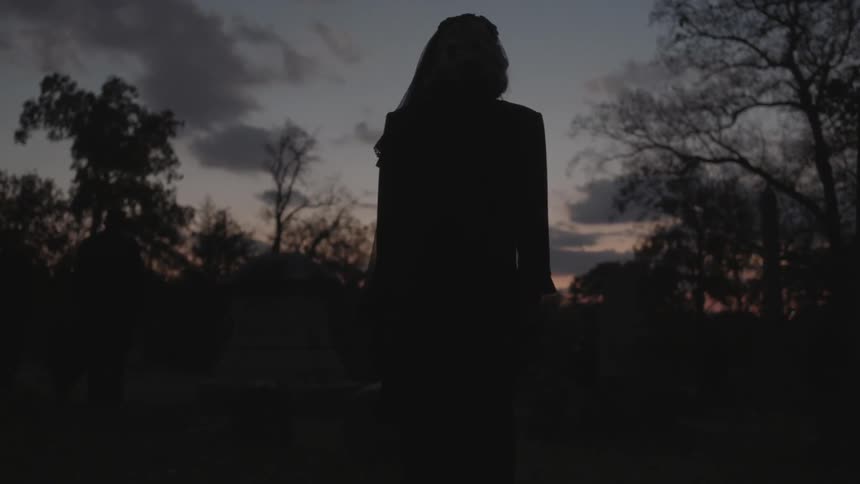 A woman in a veil walks through a wooded area after sunset