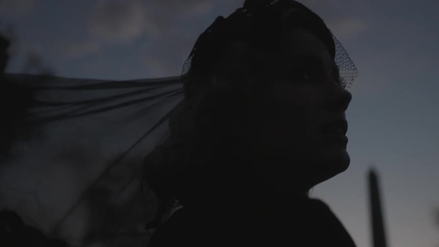 A woman in a black veil looks around