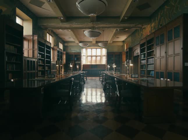 An old fashioned law library with bookcase lined walls and two rows of tables with chairs moves slowly forward as the lamps on the tables light up one after the other until it long room ends at far wall that has a large window letting light through