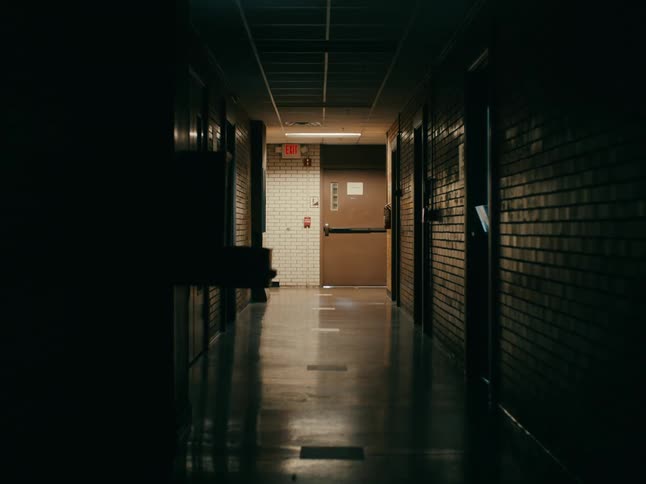 School teacher walking down hall at nighttime and turning corner