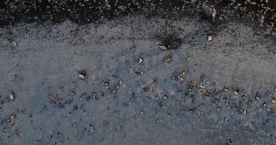 An aerial view straight down of rocks on a sandy beach