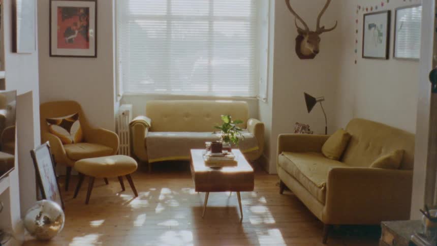 Tree shadows filtered through window blinds play on floor of living room