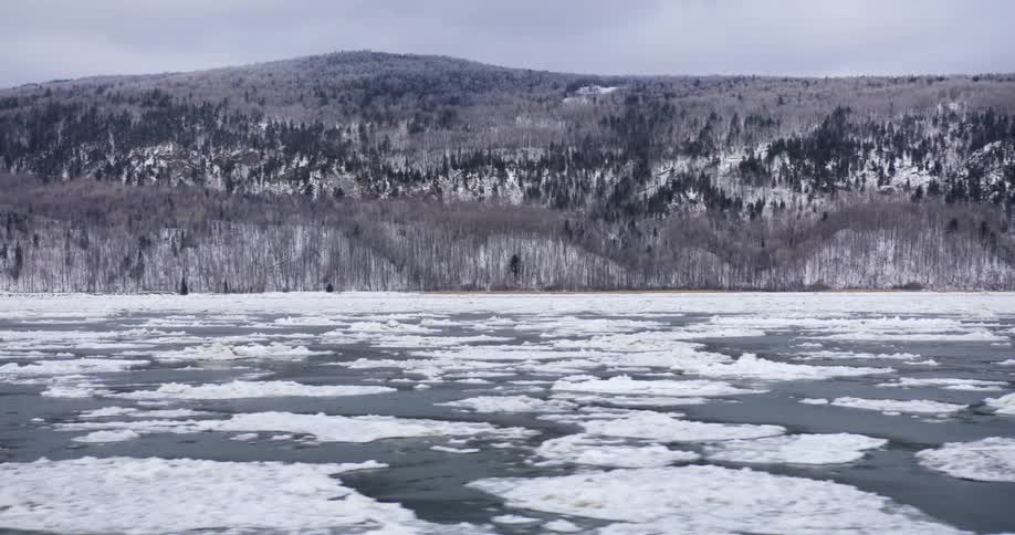 Ice floating in water with a mountain in the bakc