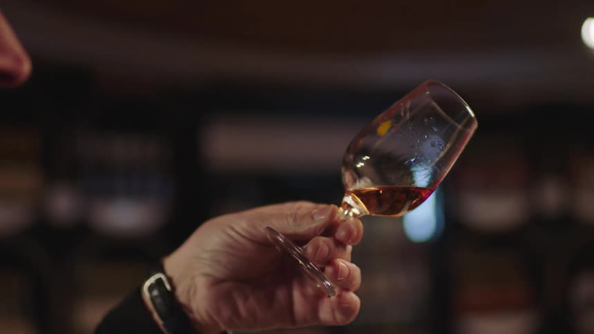 A man is examining a glass of wine