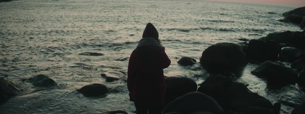 Person standing on rocky shoreline looking out into the coast at sunset
