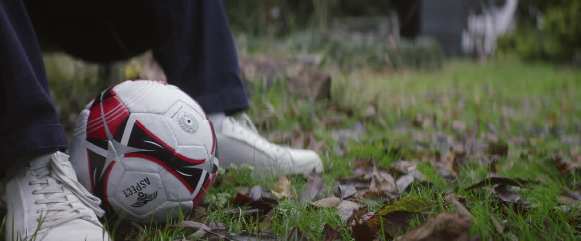 Man picks up ball that rolls across fallen leaf strewn grass and stops at his feet