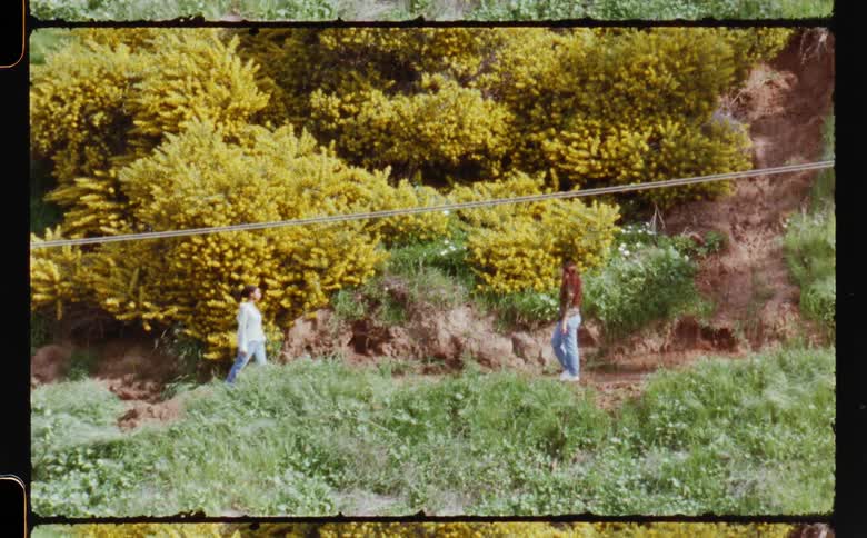 Two women walk toward each other on a trail and dance together
