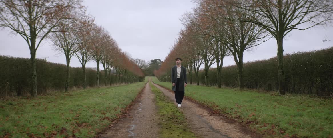 A man is walking on a rural dirt road lined with trees on a fall day