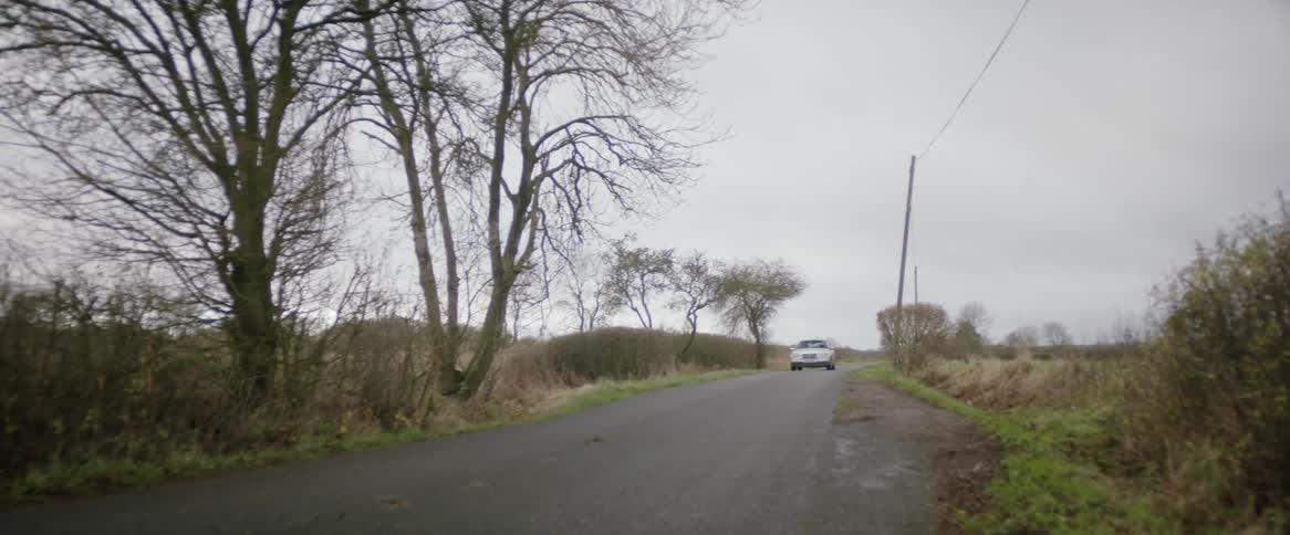 A car travels along a country road on a cloudy autumn day