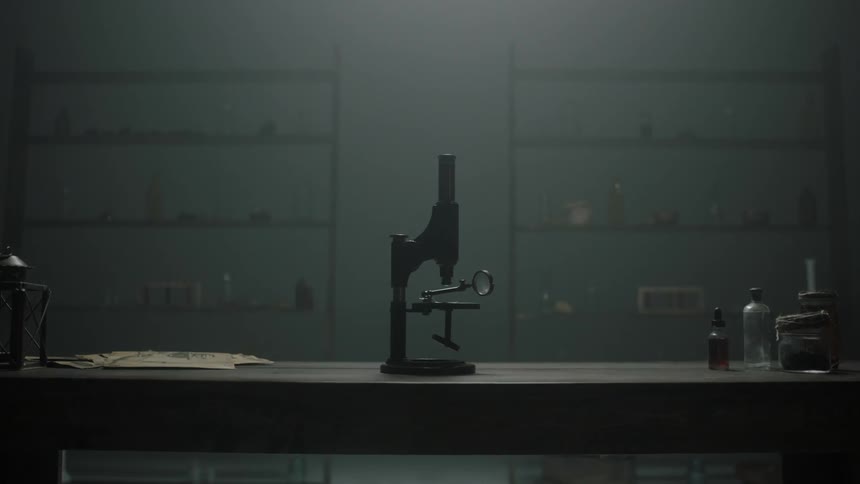 A microscope sits on this table