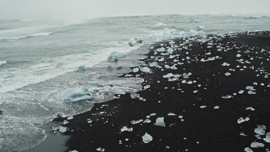 The shore has ice all over