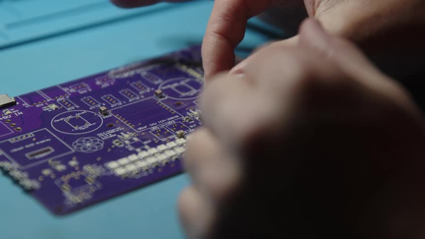A person is adding a button to a computer board