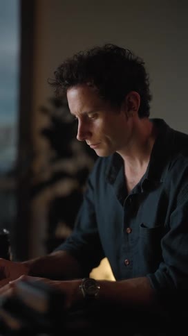 Man sitting at desk at home in the evening and working on his laptop