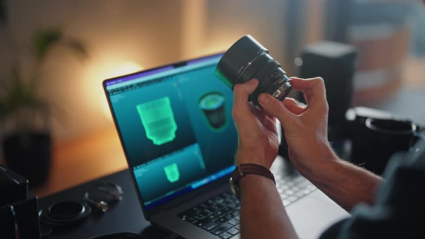 Man sitting at laptop alternately adjusting camera lens and working on laptop