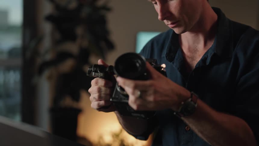 A man is looking at his camera