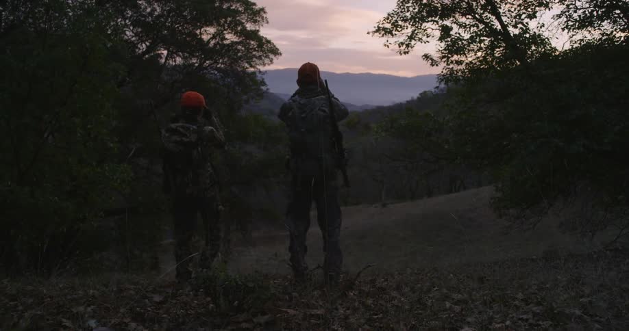 Man and woman hunters watching wildlife through binoculars at sunset in the woods