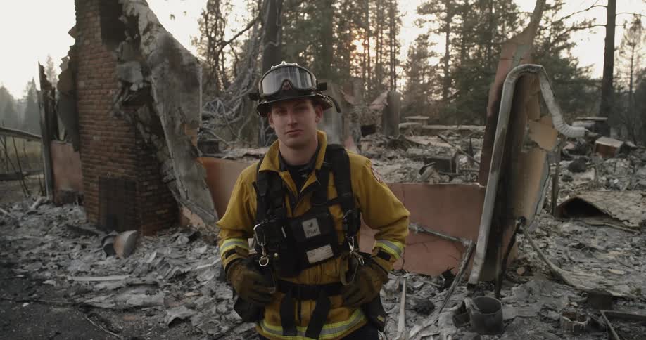 A firefighter in full gear stands in front of the ash of a burned down building at the edge of the forest as the sun begins to set in the distance with no emotion on his face