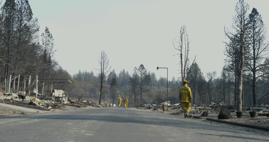 Crews assess fire damage as they walk down a street with driveways but the houses are gone and burned to the ground
