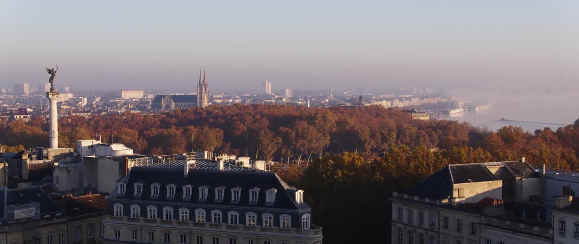 An aerial view of buildings in a town in autumn
