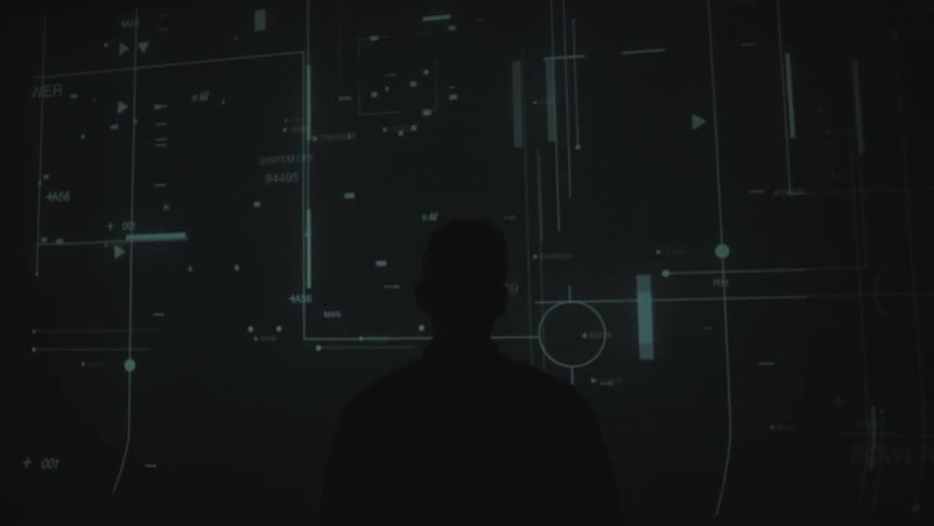 A man standing watching a projection of sine waves and diagrams