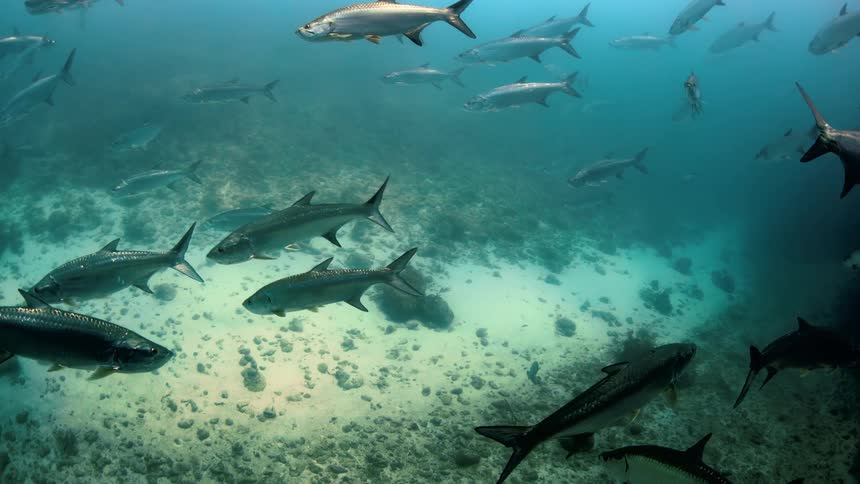 A group of fish are swimming in the ocean near the floor with rocks covering the seabed