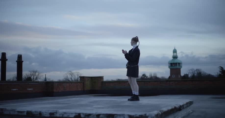 Woman with her hair in plait black coat and skirt stands on top of building at dusk