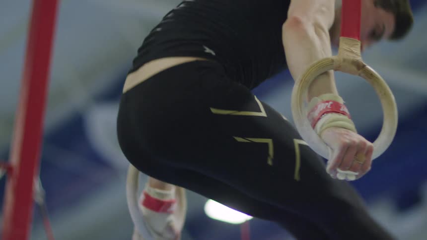 A man performs forward flips on gymnastic rings indoors