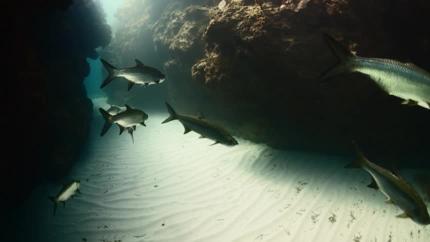 Fish swim through the cave