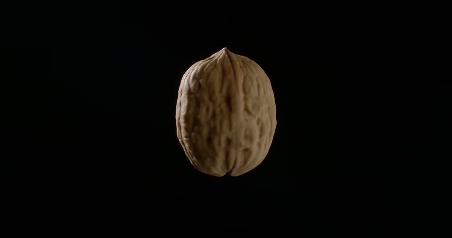 Light shines on the uneven and structured surface of an organic walnut as it turns in the darkness of a studio