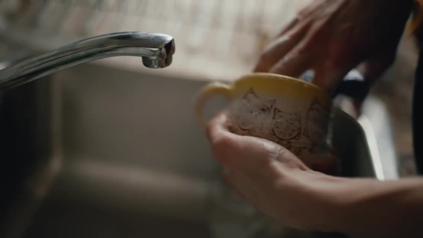 Washing ceramic mug with sponge at kitchen sink