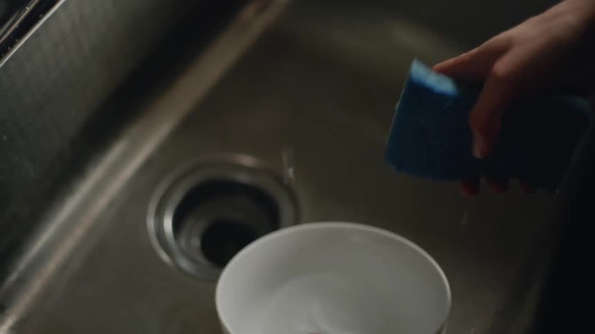 A person is cleaning a bowl with a sponge and soap