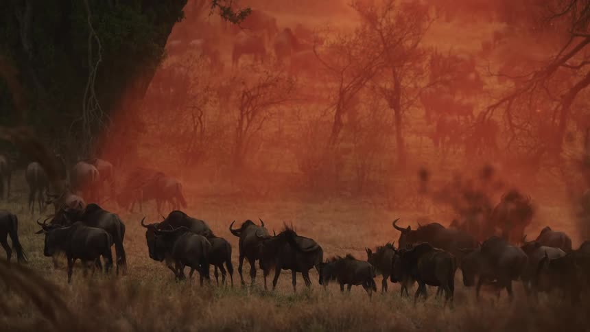 A herd of wildebeest walking across a grassy field in nature