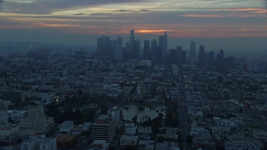 An epic shot of Downtown Los Angeles California skyline on a hazy winter morning from above