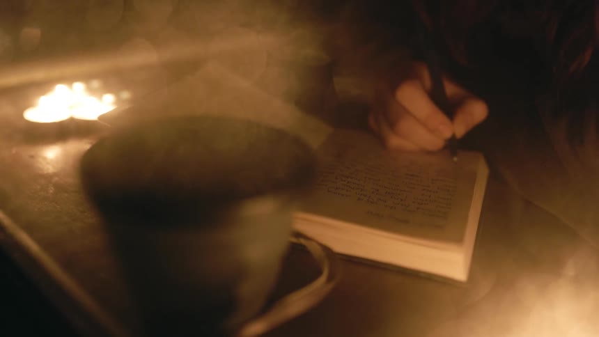 A person writing in a journal next to burning candles at night