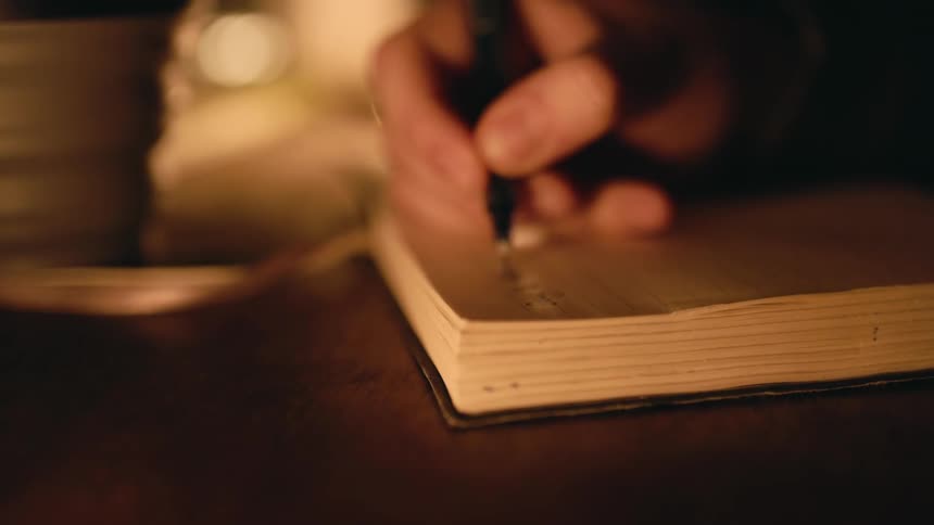 Person writes with ink pen in journal set on wooden surface