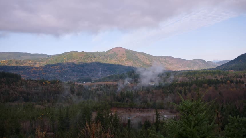 Aerial view of a mountain landscape at dusk