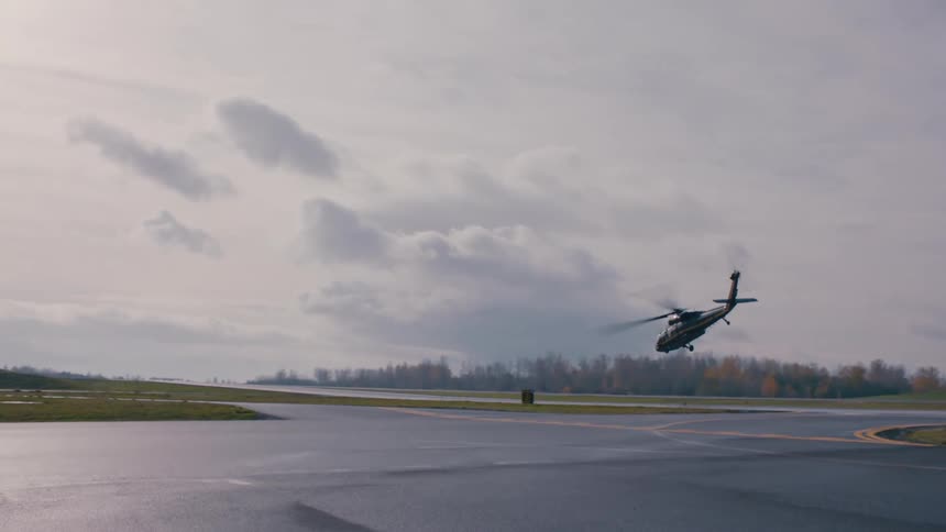 The helicopter takes off