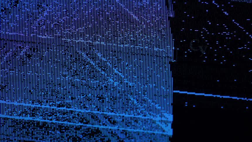 Blue pixelated lines crossing and dots on a black screen