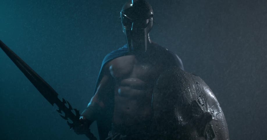 A warrior with a sword and shield is standing in mist