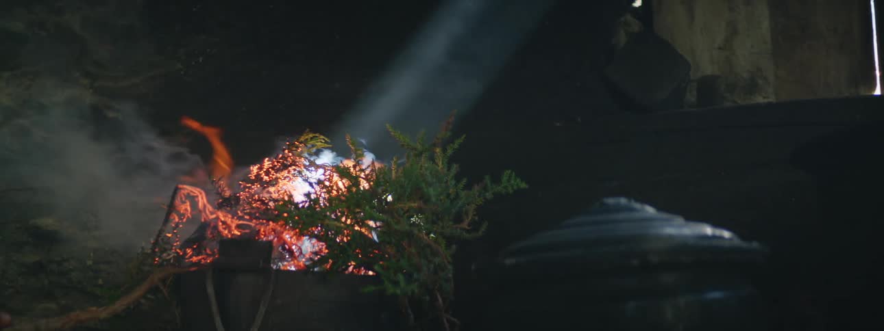 A tree branch burning with smoke rolling off the flames and light coming in through the window