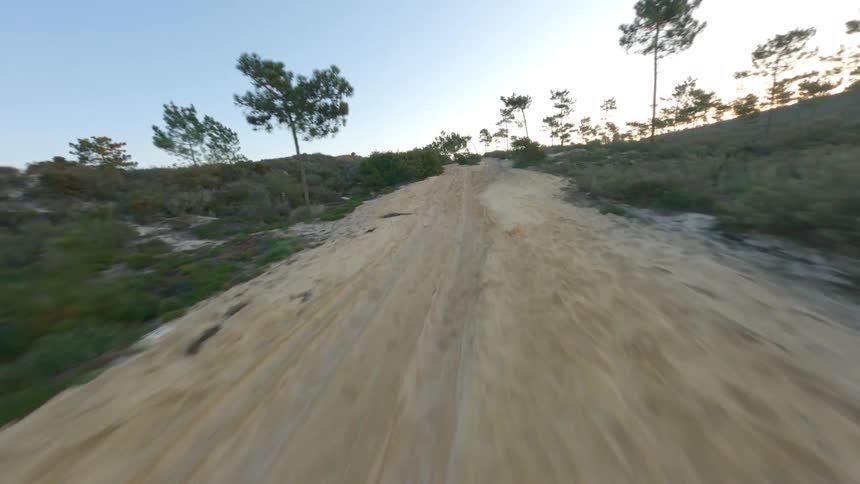 Aerial view of dirt road leading to the beach at sunset