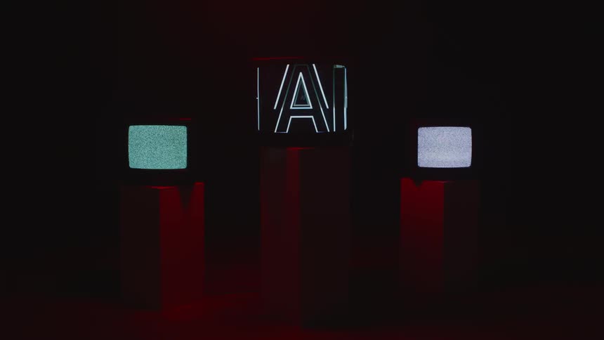 Of the three screens on pedestals in dark room two show signal static and one shows the letters ai