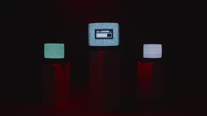 Three crt televisions are on pedestals in a dark studio with red lighting while displaying static and a progress meter showing software loading