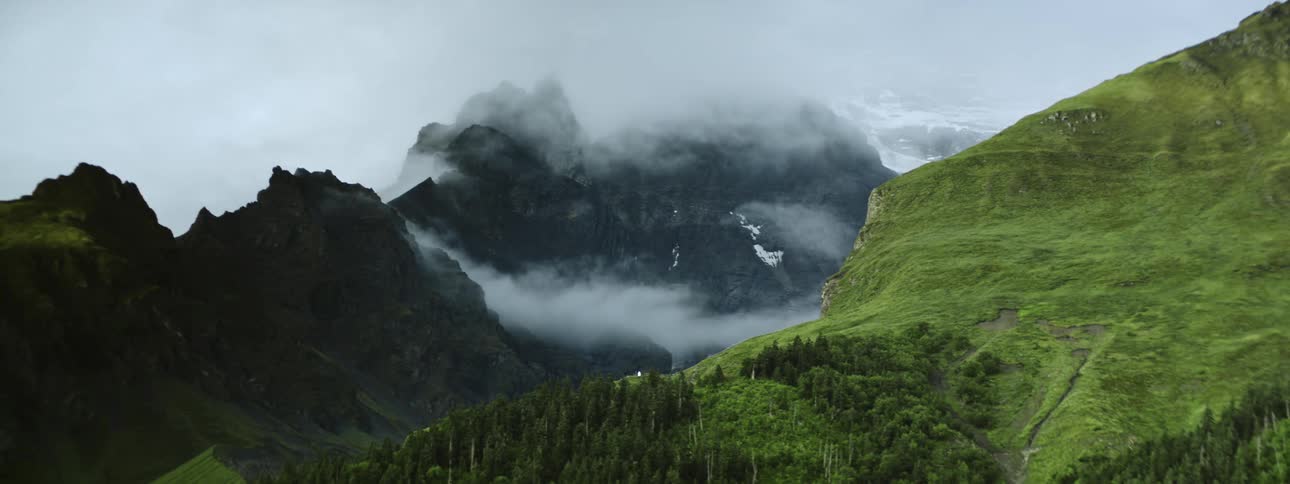 Majestic Green Mountain Slope: Foggy Peaks and Lush Vegetation