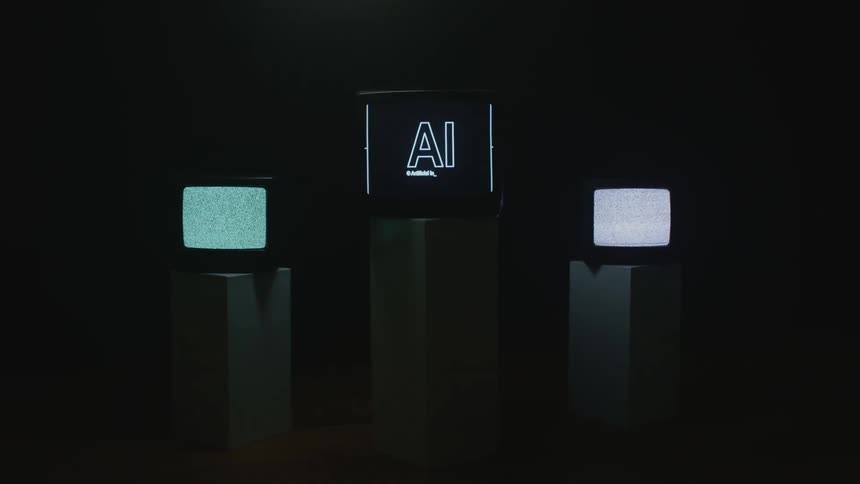 Three television screens on pedestals in a room one tv with text on it and the other two with static on them