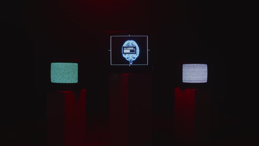 Three monitors over white stands inside a dark room display static and cgi graphics