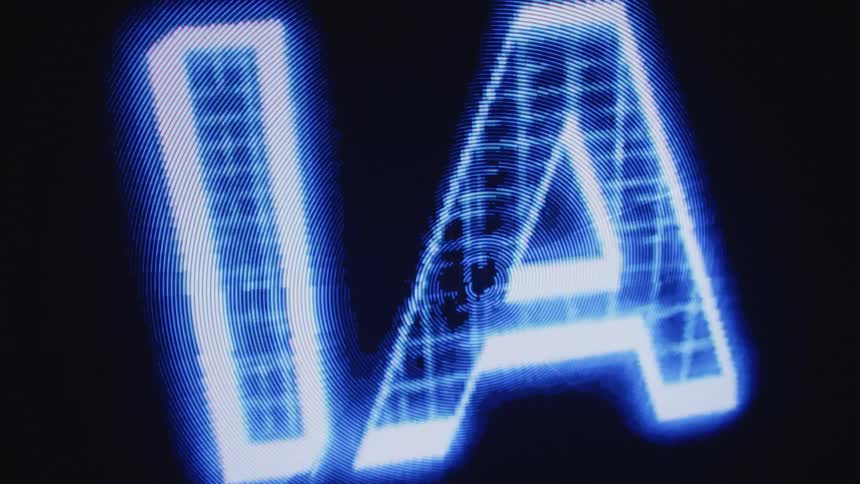 Glowing blue digital letters ai are rotating in the darkness as they fall apart into a pile of broken holograms
